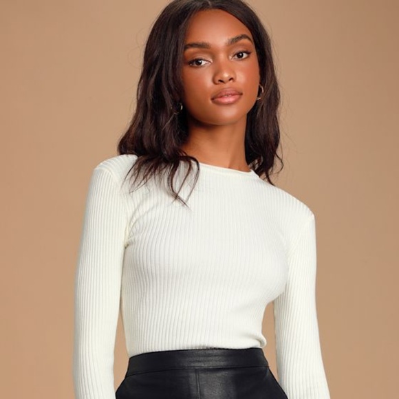 Lulus Basics Karlee Ivory Ribbed Knit Long Sleeve Sweater Top White - Size S - Picture 1 of 1
